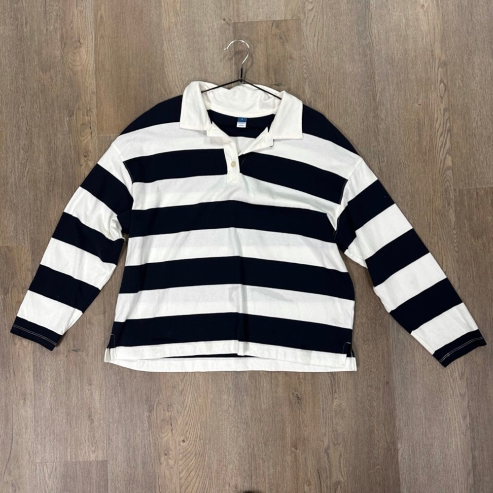Old Navy Jennie Rugby Shirt Navy White Striped Long Sleeve Polo Top Large